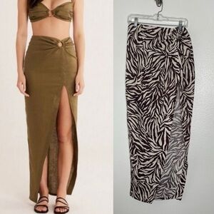 Rumer The Label Cyrus Brown Zebra Print Slit 100% Linen Maxi Skirt Medium New